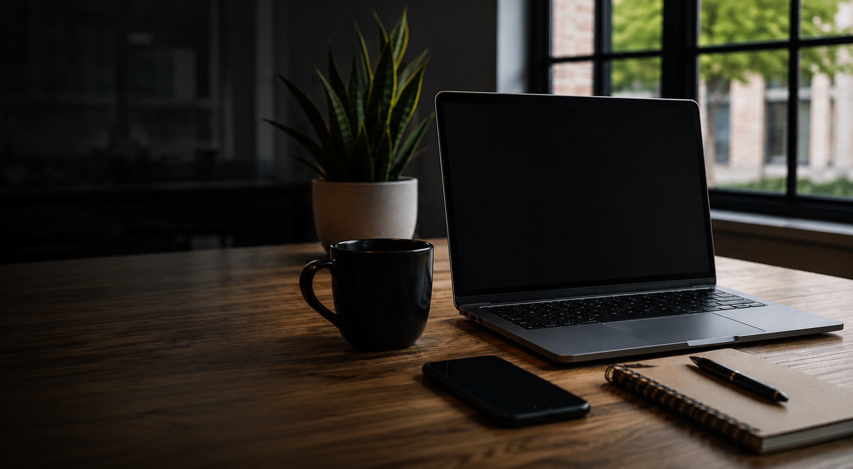 Modern minimalist workspace with laptop and coffee